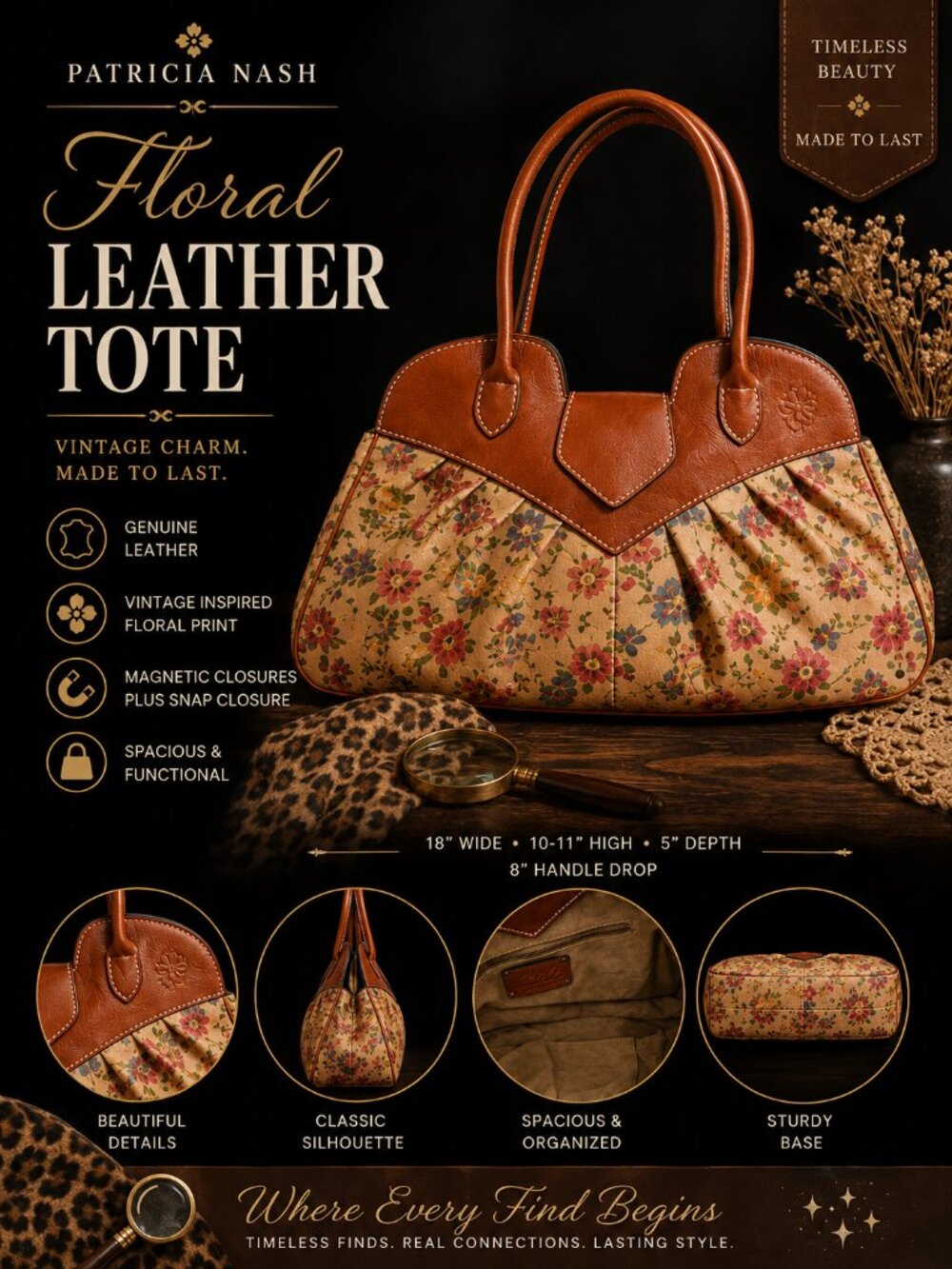 Patricia Nash Floral Leather Satchel Tote Cognac Brown EUC